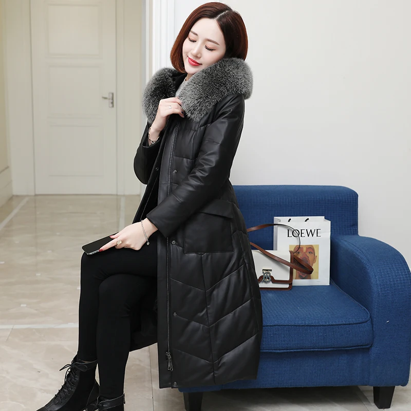 Женская куртка из натуральной кожи 2020 Длинная зимняя овечьей с капюшоном и