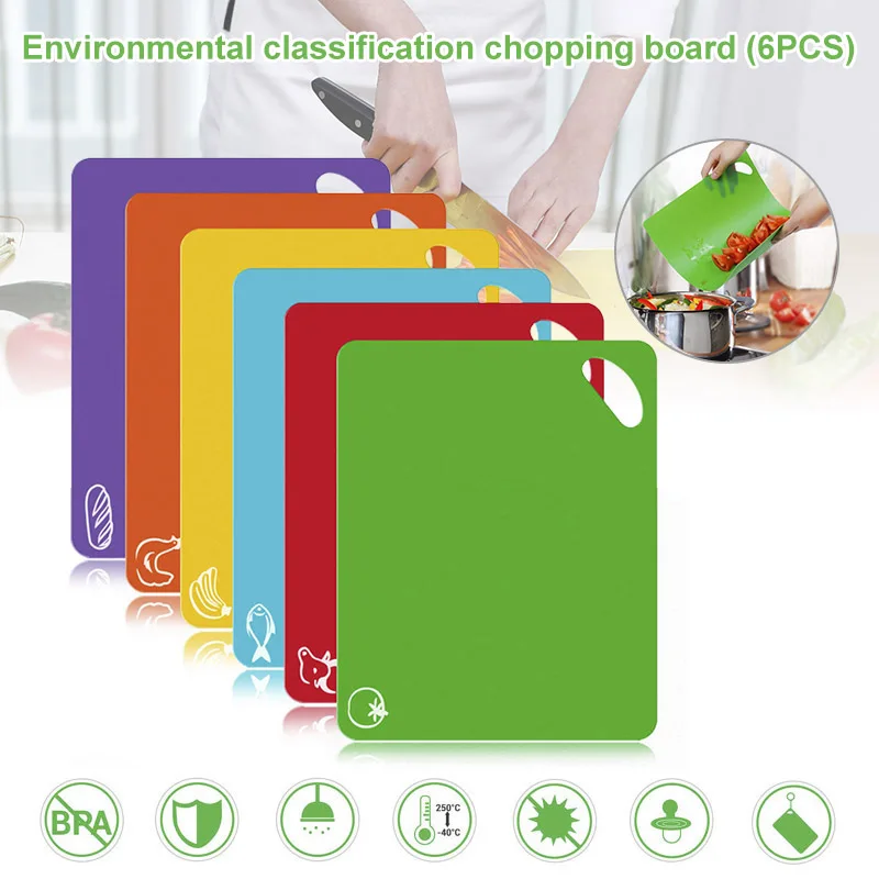 

6 Pcs Flexible Plastic Cutting Board Mats Set Colored Kitchen Mats with Food Icons Easy Grip Handles kitchen accessories