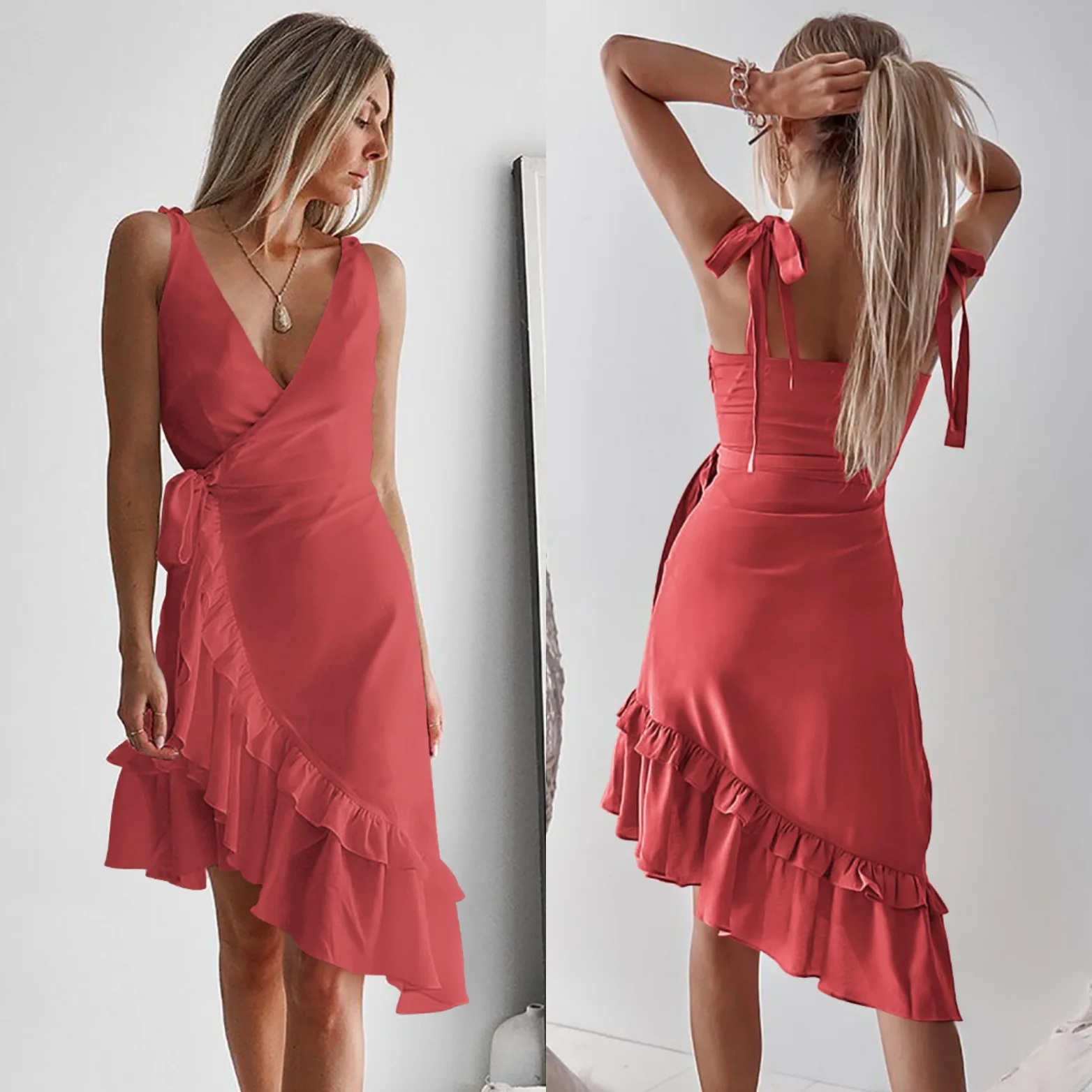 

Summer Street Fashion Women's Sexy Self-cultivation V-neck Ruffled Sling Mid Skirt Lace Irregular Dress Women's Clothing