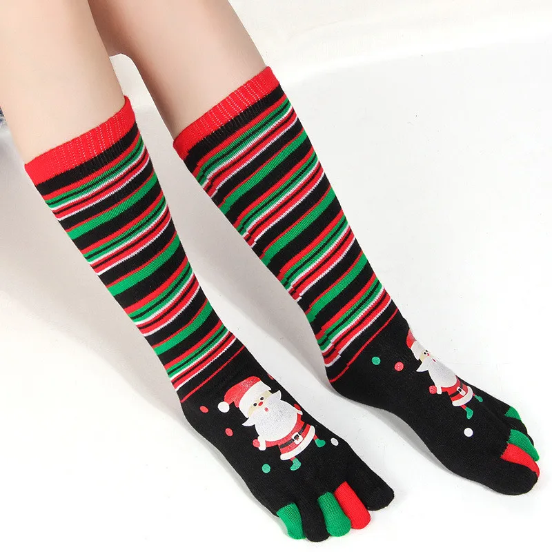 Black Stripe Santa Новые женские теплые мягкие милые счастливые носки с пятью раздельными пальцами веселого Рождества Забавный мультфильм Лось Снеговик Санта Пингвин полосатые носки - Цвет: Black Stripe Santa