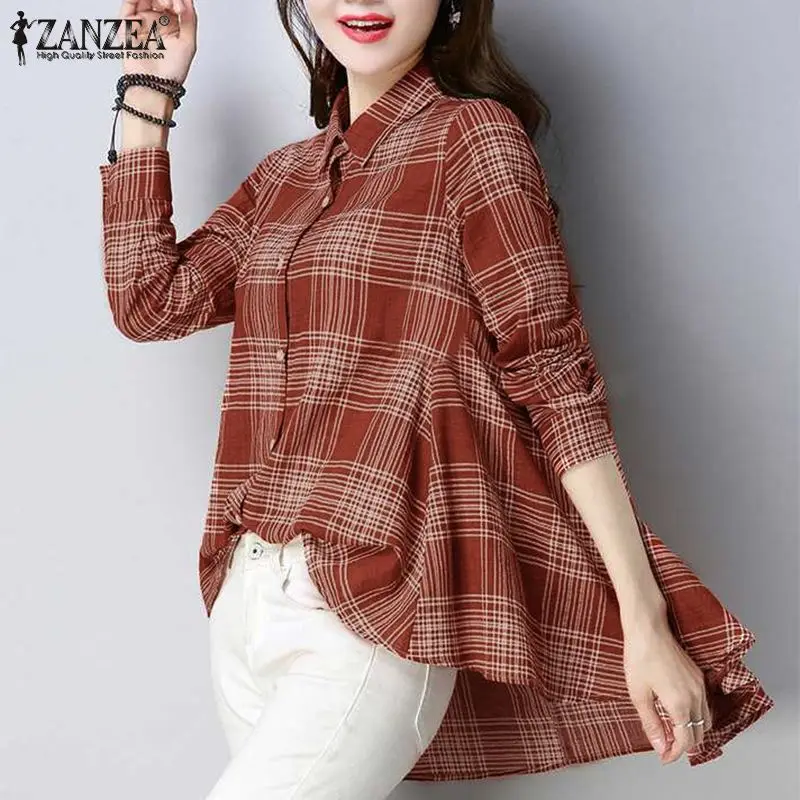 

Stylish Women Asymmetrical Blouse ZANZEA Autumn Vintage Lapel Neck Plaid Checked Shirt Casual Long Sleeve Loose Blusas Tunic Top