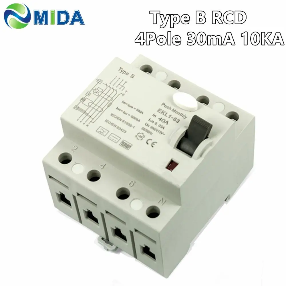 

B Type RCCB 400/415V 10KA 4Pole 30mA 40A /63A 80A MIDA-80B B Type RCD Residual Current Circuit Breaker