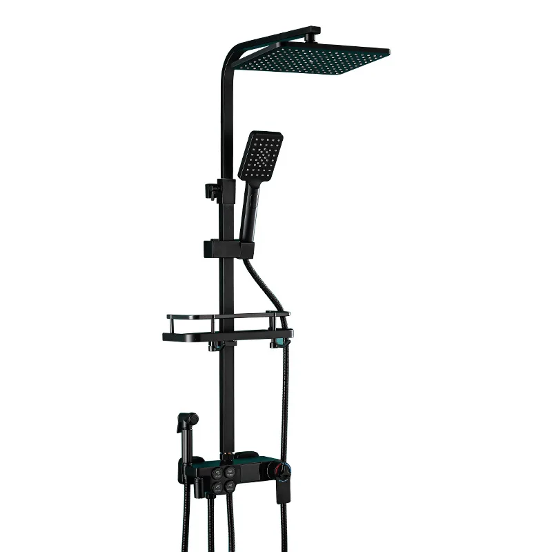 【Ships From：Ru】 bathroom full copper black shower set double row button thermostatic digital display 4-speed handheld |