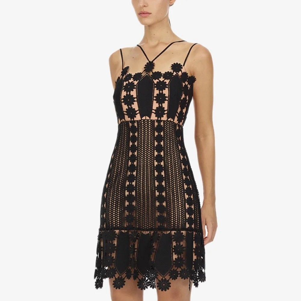 

Self Portrait Lace Hollow Out Sexy Summer Dresses Women Black Runway Luxury Designer Crochet Slim Bodycon Spaghetti Party Dress