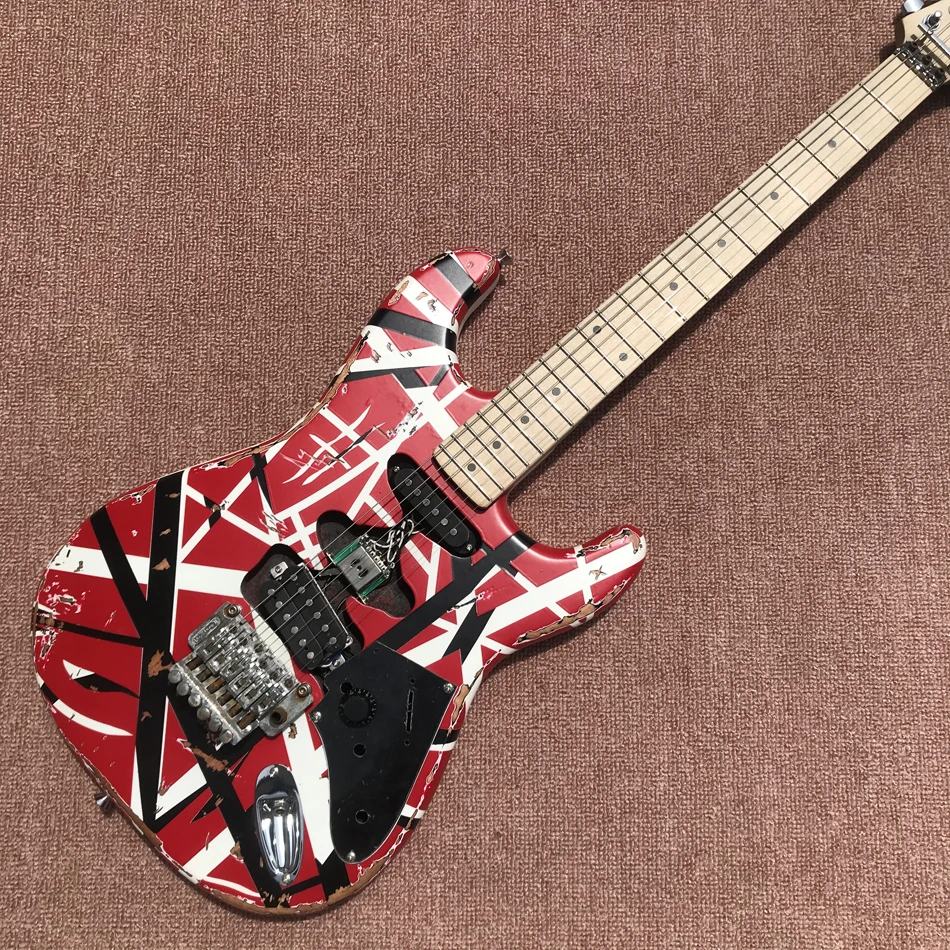 

Heavy Relic Eddie Edward Van Halen Red Franken Stein Electric Guitar Black White Stripes, Floyd Rose Tremolo Bridge, Free shippi