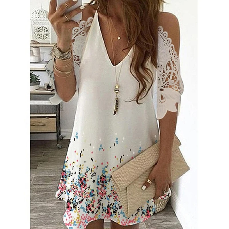 

Women Dresses Summer 2021 Sexy V Neck Print Dress Casual Loose Hollow Out Short Sleeve Dress Small Fresh Simple Lady Dresses