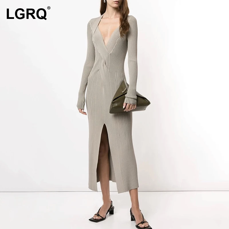 

[LGRQ] Knitting Split Sheath Anti-strip Women's Dress New Square Neck Long Sleeve Fashion Tide Spring Autumn 2021 19D4021