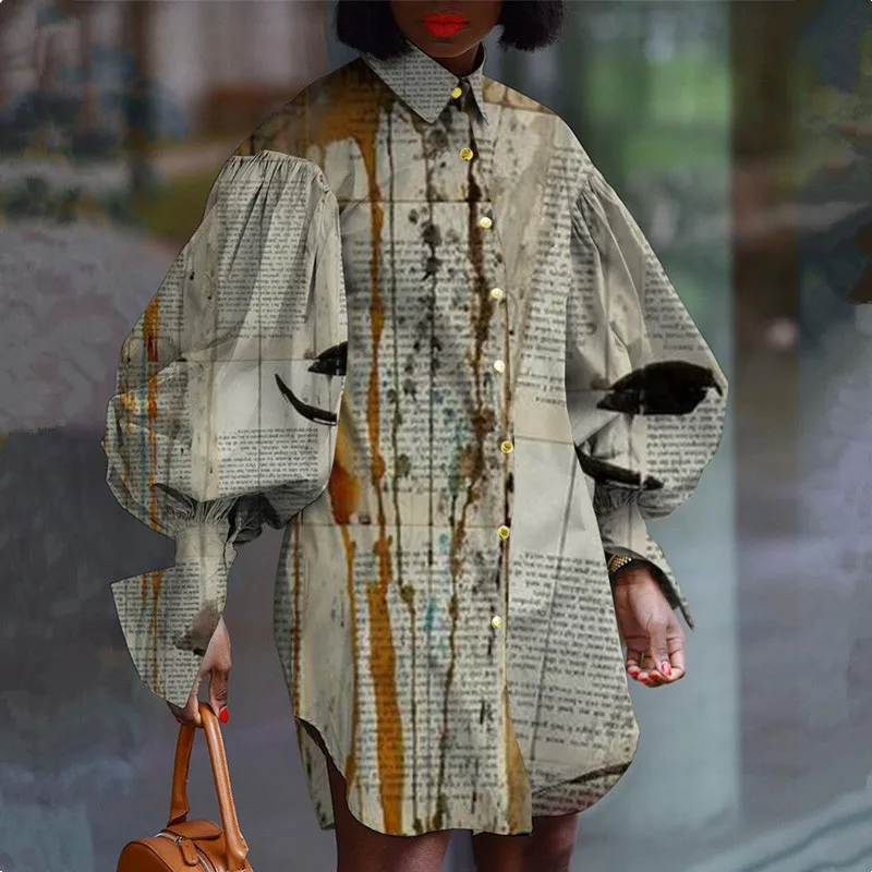 

2021 African Fashion Women Shirt Dress Lantern Sleeve Flower Print Casual Loose Long Shirt Streetwear Plus Size 5XL