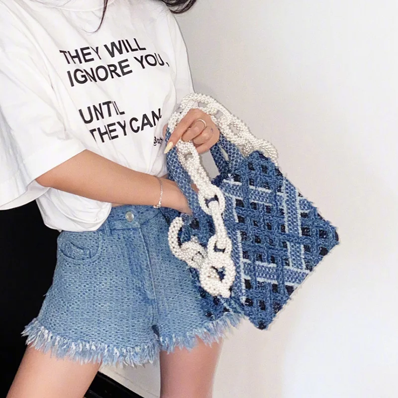 

Large Capacity Diamond Littice Hollow Out Totes Bags Female 2020 New Beaded Pearl Chain Shoulder Messenger Bag Women Handbags