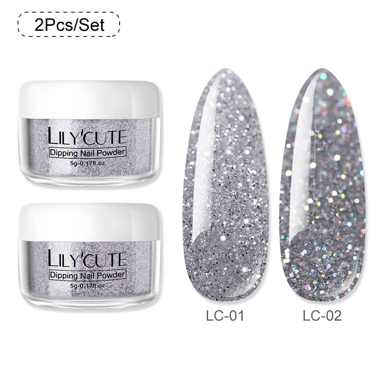 2Pcs 01 LILYCUTE голографическое погружение ногтей Блеск порошок наборы градиентный французский порошок для ногтей цветной натуральный сухой пигмент для ногтей - Цвет: 2Pcs 01