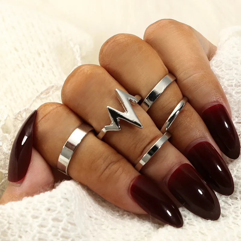 Hiphop Gold Lightning ECG Rings Set For Women Girls Punk Geometric Simple Smooth Finger 2022 Trend Jewelry Party | Украшения и