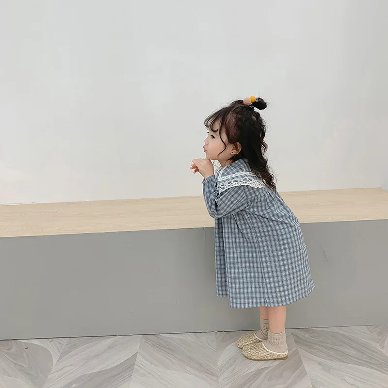 Baby Girls Plaid Dress Korean Style Autumn New Chic Children Princess Dresses Lace Collar Robe Toddlers Kids Clothes