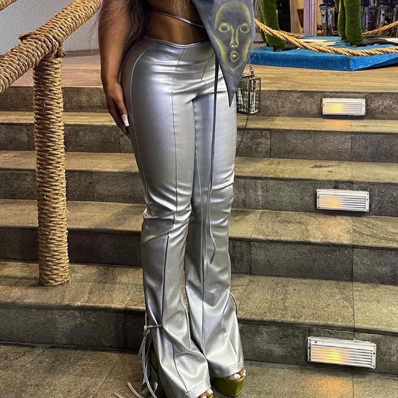 Брюки женские из искусственной кожи с вырезами и низкой посадкой Y2K | Женская