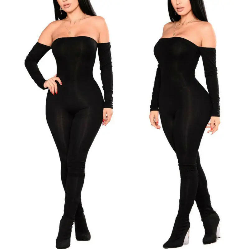 

Sexy Women Ladies Solid Black Off Shoulder Long Sleeve Bodycon Long Jumpsuit Rompers Clubwear