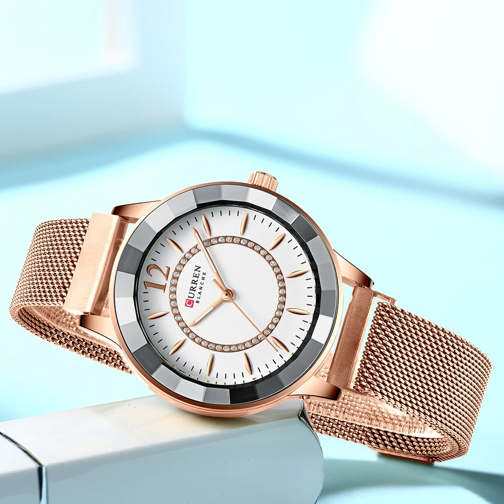 

New Rhinestone Fashion Quartz Mesh Steel Watch for Women Causal Blue Ladies Watch bayan kol saati Classy Luxury Clock