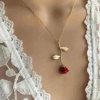 simple red rose flower pendant necklace women fashion glamour party banquet jewelry accessories girlfriend gift