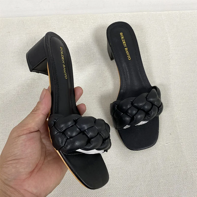 

Summer Solid Weave Women Square Heel Sandal 2021 Fashion Thick High Heels Gladiator Outdoor Party Slides Ladies Sandals Shoes