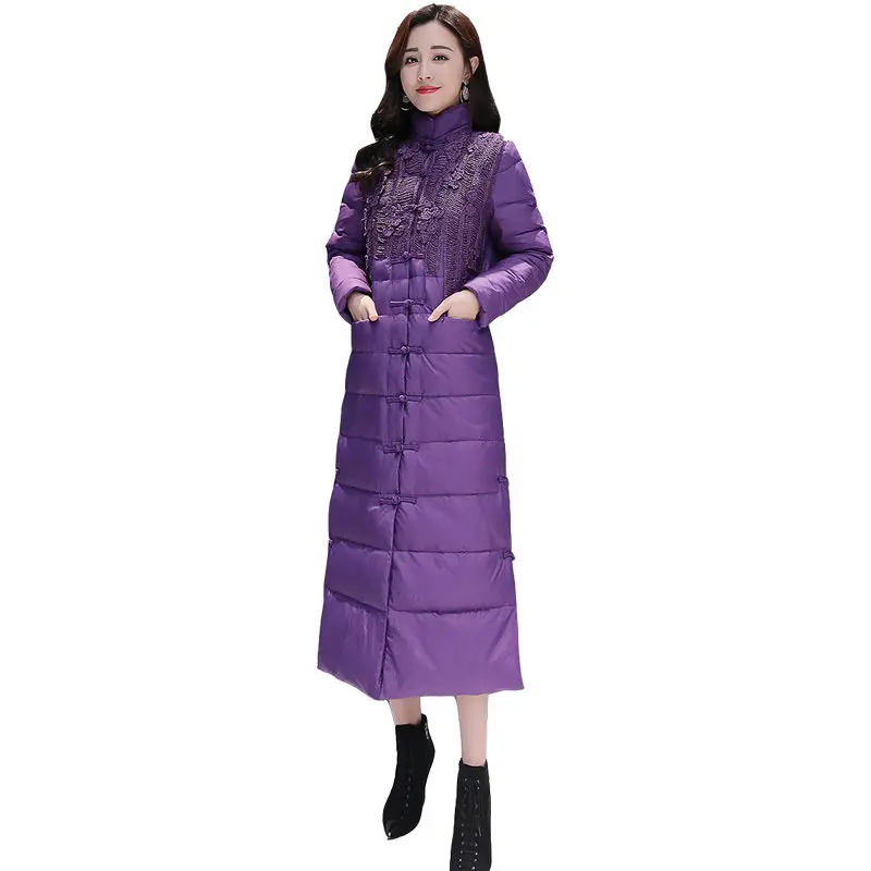 Chinese Style Retro Women Winter Jacket Stand Collar Purple Coat Single-Breasted Long Parkas Warm Overcoat C5968 | Женская одежда