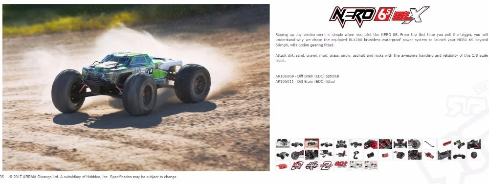Arrma Nero 6s бесщеточный водонепроницаемый blx 1/8 RTR scale 150A ESC 4wd monster truck-без дифференциального замка версия