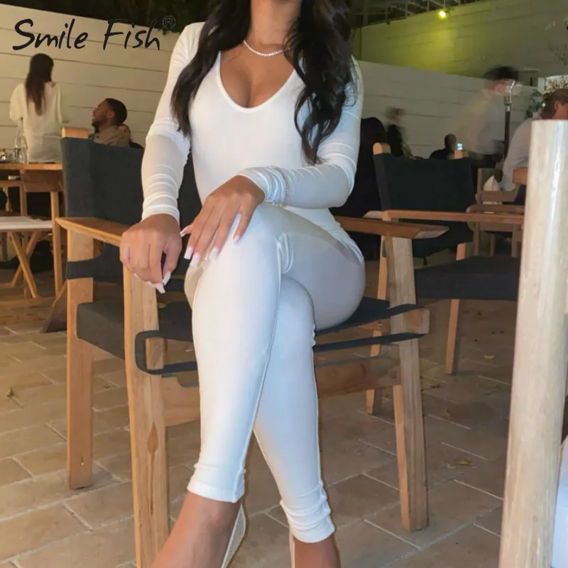 

Jumpsuit Women 2021 Bodycon Autumn Winter New White Black Romper Playsuit Long Sleeve Skinny One Piece Club Outfits G2152