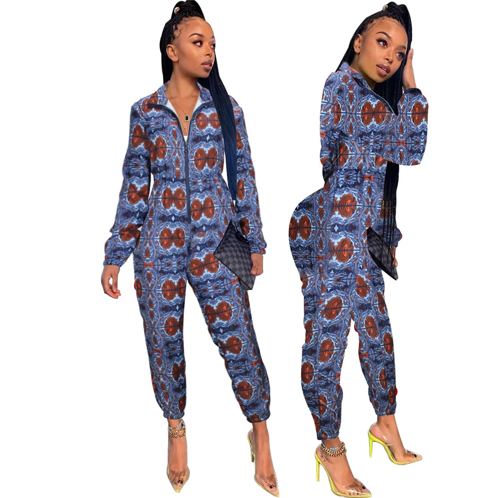 

Print Zipper Rompers Women Long Sleeve Turn-down Straight Jumpsuits Casual Overalls