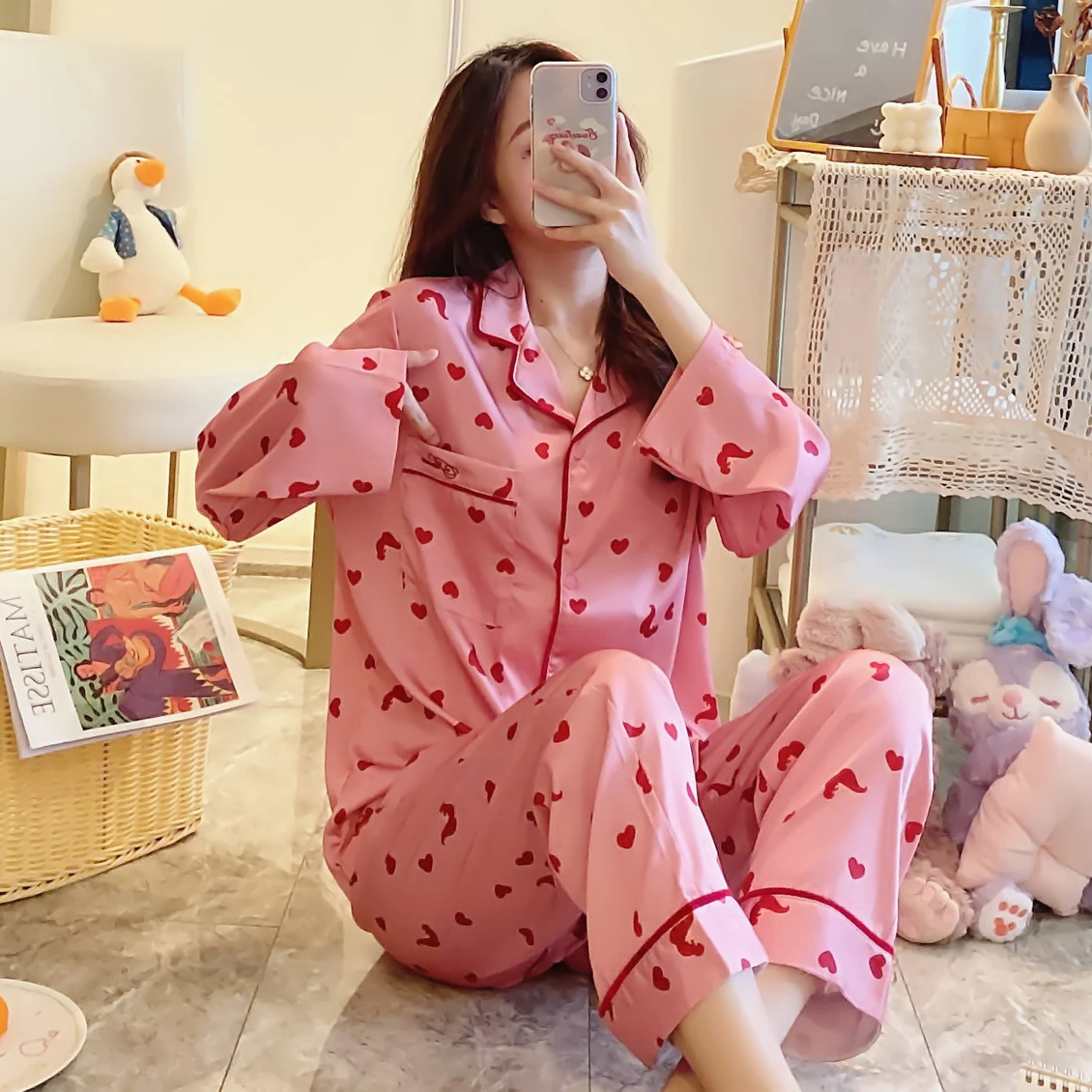 

Ice Silk Pajamas Girl Long-sleeved Sleepwear Spring And Autumn Cardigan Pyjamas Cute Peach Heart Silk Home Suit Female Nightsuit