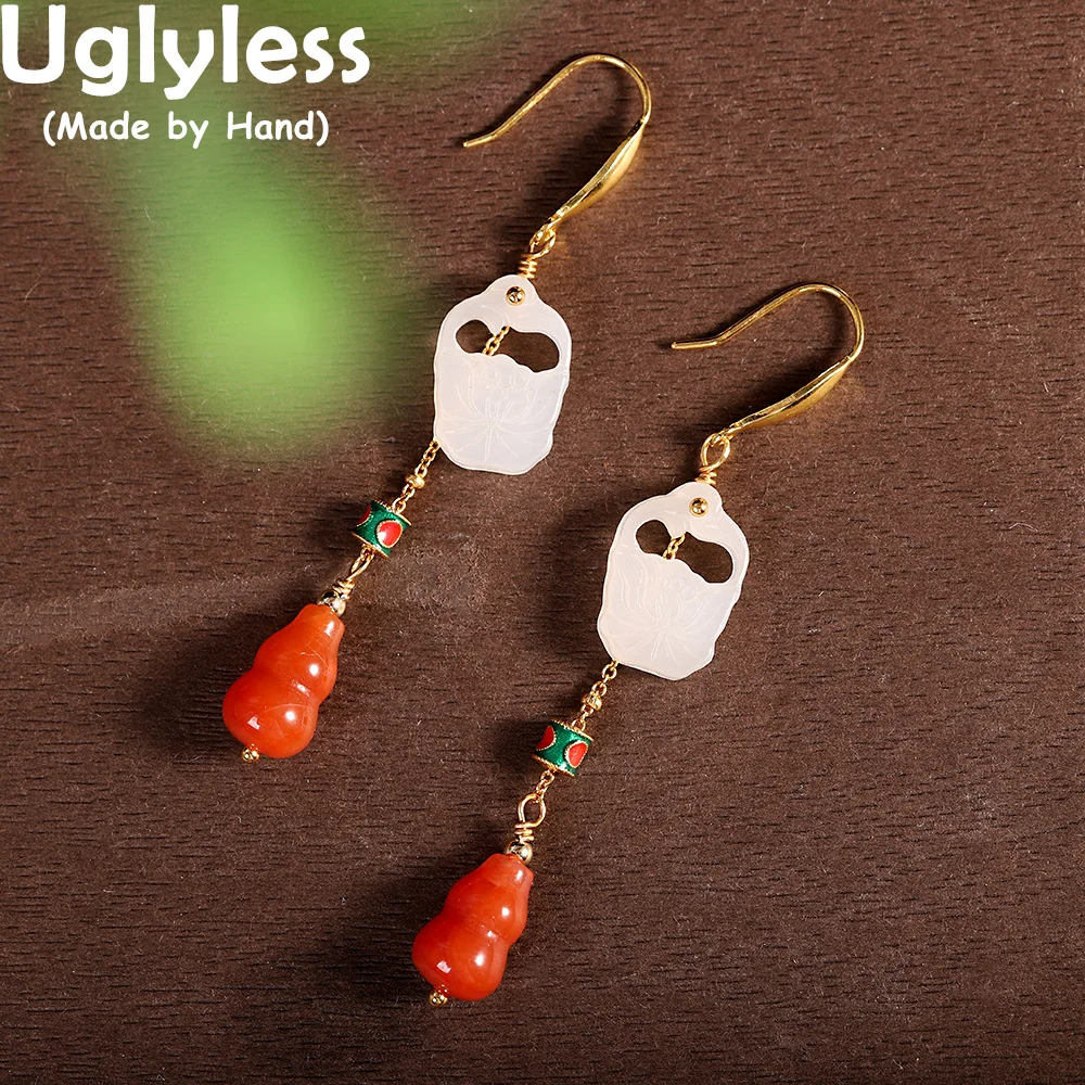 

Uglyless China Chic Natural Jade Agate Gourd Earrings for Women Real 925 Sterling Silver Long Tassels Brincos Ethnic Jewelry