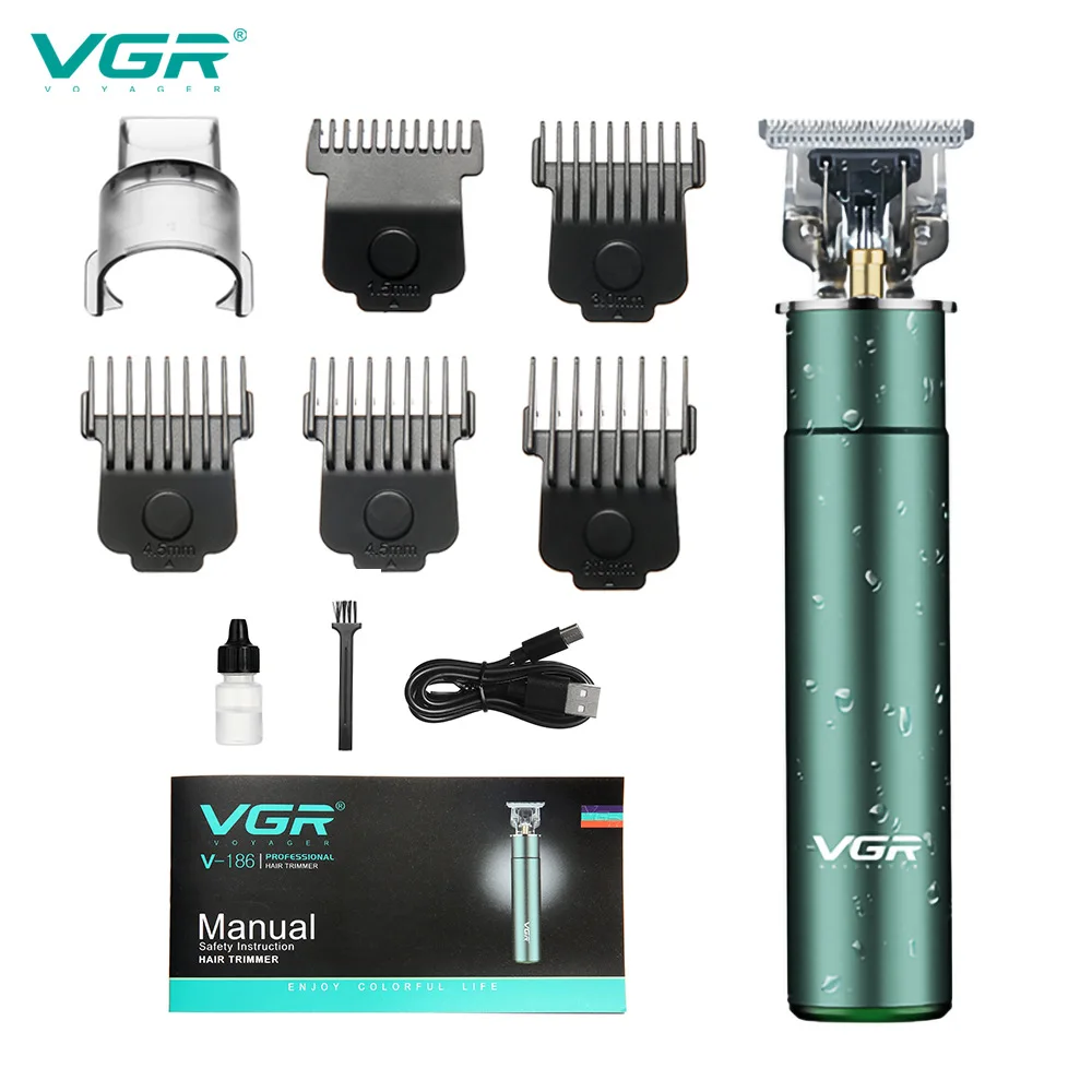 

VGR Rechargeable Electric Hair Clipper Engraving T-shaped Blade USB Metal Clipper Washing Oil Haircut Machine New V-186