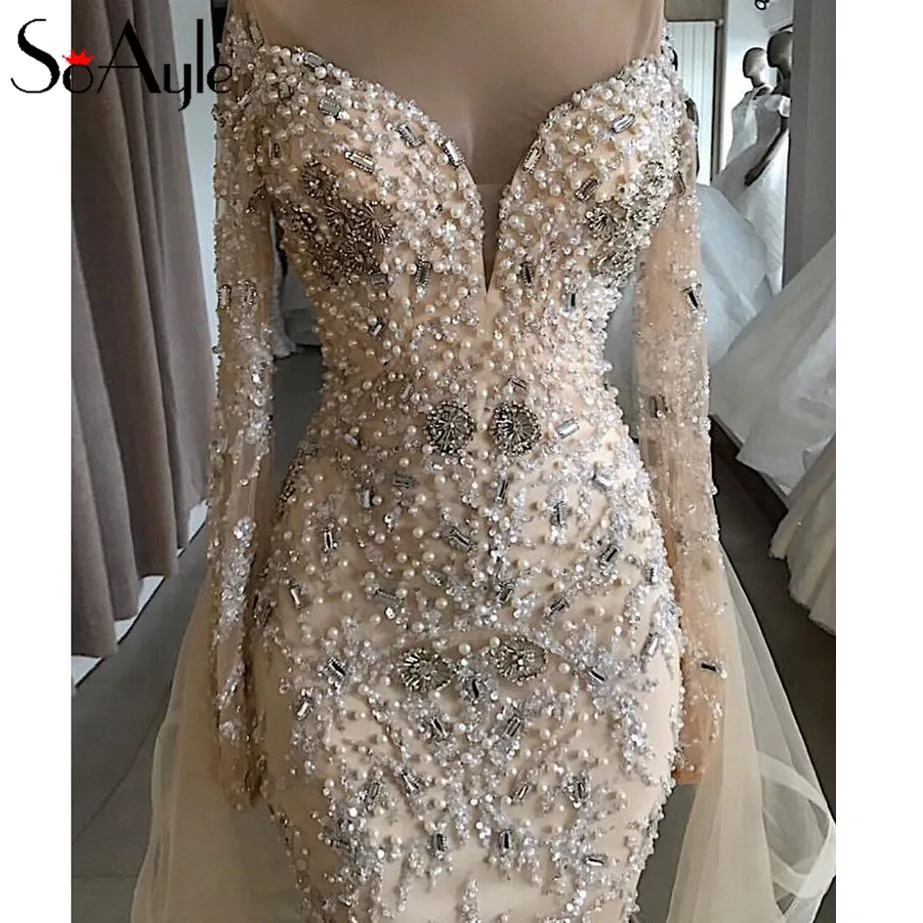 SoAyle Sheath Off the Shoulder Beading Crystals Prom Gowns Evening Dresses for Women Long Sleeves Longo dress