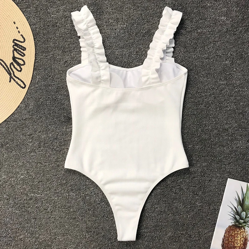 2021 Sexy Ribbed One Piece Swimsuit Women Wood Ear Ruffle Swimwear Push Up Monokini Bathing Suit Summer Beach Wear Swimming | Женская