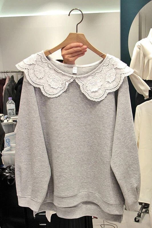 

Korean Style Hoody Lace Wild Sweatshirts Women 2019 Autumn New Casual Fashion Ladies Sweatshirts Solid Color Tops Female