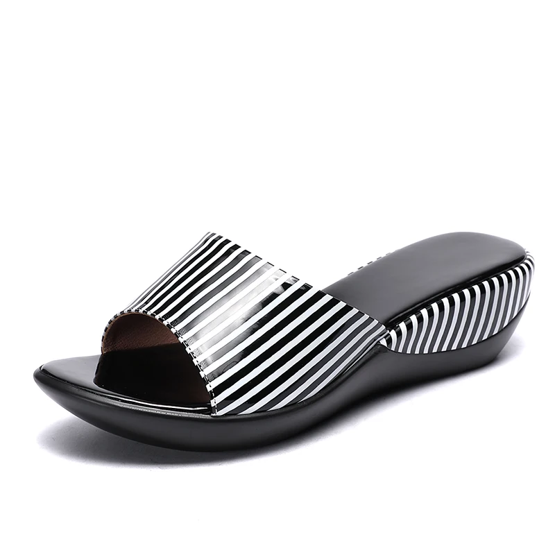 

Women Slipper's 2021 Ladies Summer Slippers Shoes Women Wedges Heels Striped Fashion Summer Shoes Geuine Leather