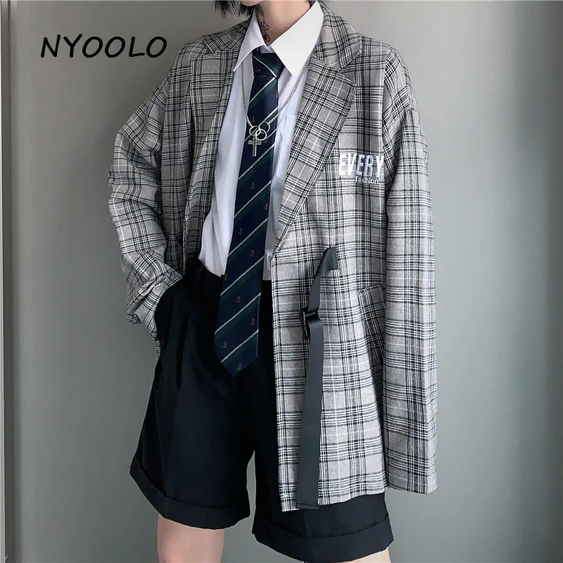 

NYOOLO Vintage plaid Letter embroidery Office Lady Buckle Suit Autumn streetwear blazer uniform women men clothing outerwear