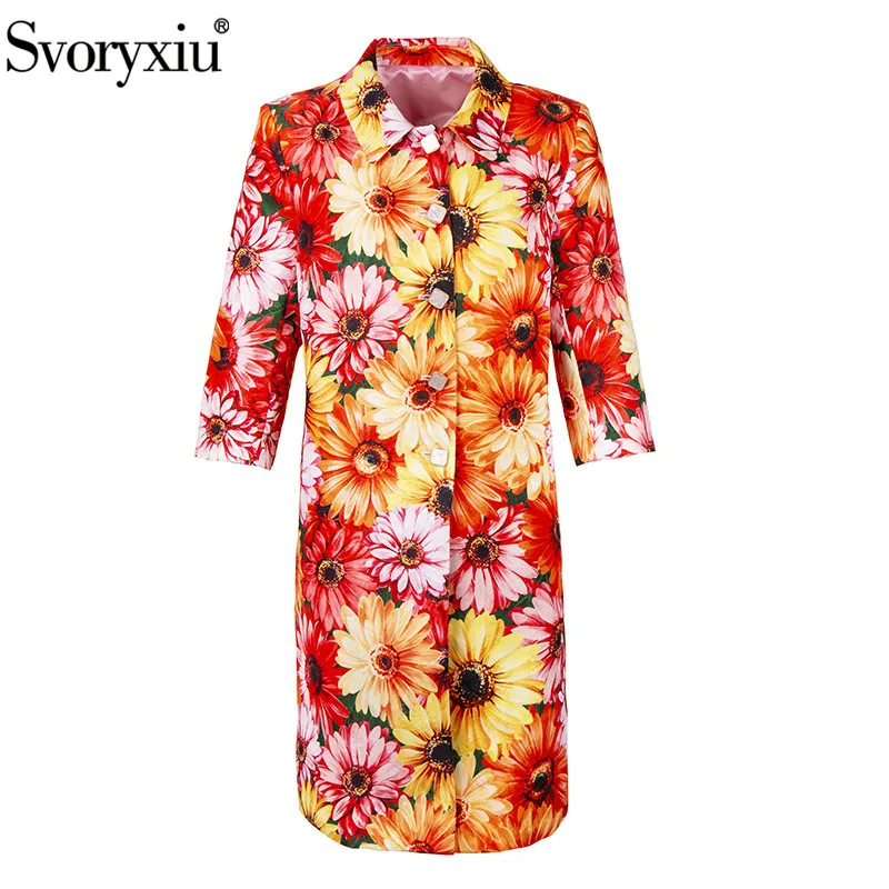 

Svoryxiu 2021 Women's Runway Autumn Winter Sunflower Print Overcoat Outwear Fashion Single-Breasted Jacquard Long Trench Coat