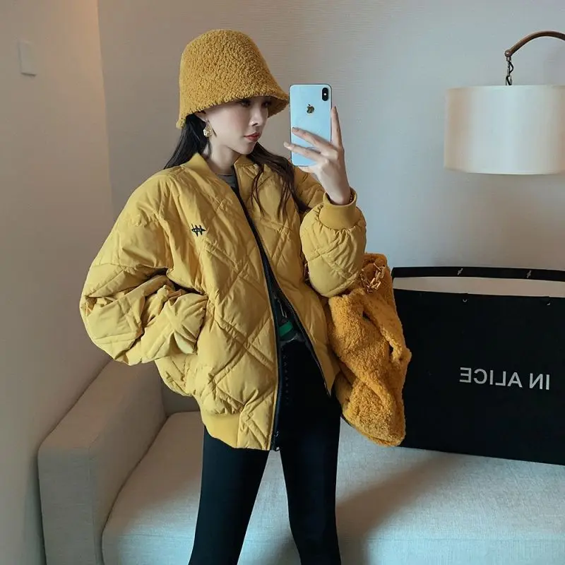 

new baseball collar jacket style cotton jacket women's lightweight diamond plaid letter printed quilted jacket women's trend