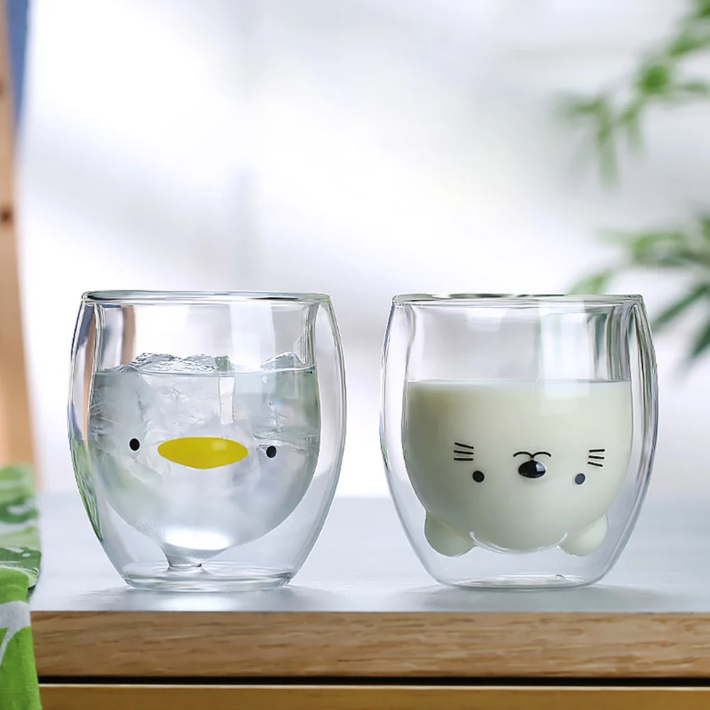 

280ml Creative Double Wall Glass Mug Cartoon Teacup Lovely Coffee Cups Clear Drinking Cup (Little Duck)
