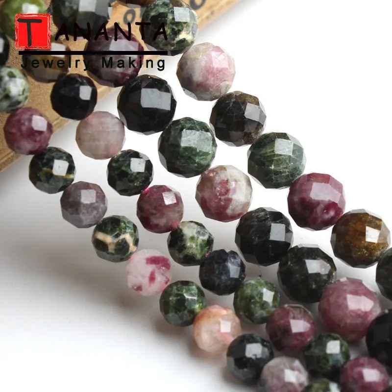 

6mm 8mm Faceted Natural Tourmaline Stone Beads Round Loose Spacer Beads For Jewelry Making Diy Women Bracelet Necklace 7.5 Inch
