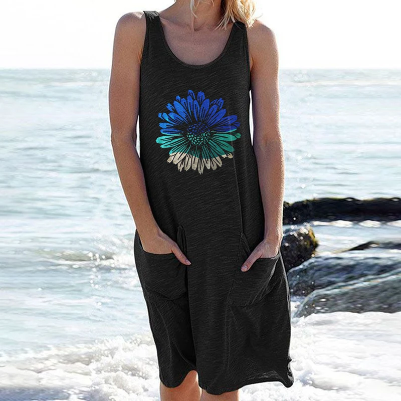 

Mini Dress Women Vintage Print Loose Beach Dress Summer Thin O-Neck Sleeveless Ladies Fashion Casual Dresses Oversized 5XL