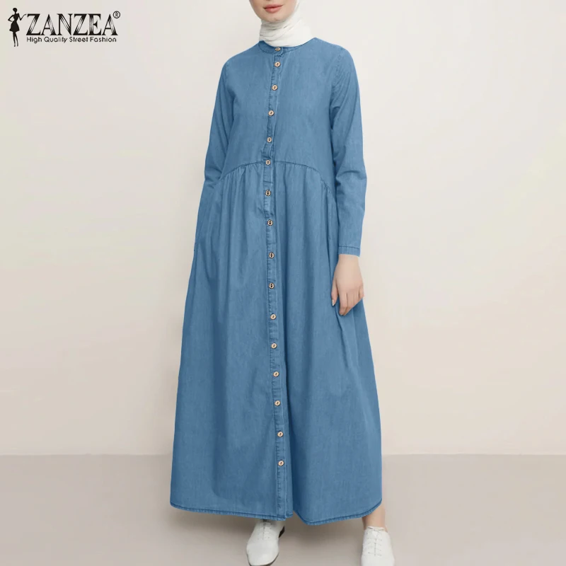 Autumn Denim Blue Maxi Long Sundress ZANZEA Fashion Women Muslim Hijab Dress Vintage Sleeve Dubai Abaya Turkey Dresses | Женская одежда
