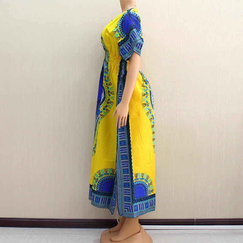 Желтое 100% хлопковое платье Afrian Dashiki с традиционным рисунком длинные платья