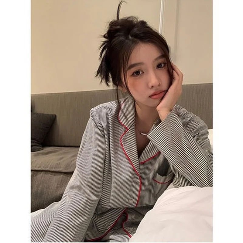 QWEEK Striped Women's Pajamas Autumn Female Set Woman 2 Pieces Sleepwear Long Sleeve Nightwear Brief Pijama Loungwear Home Suit