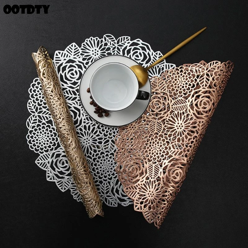 

2020 Table Mat Hollow Gilded Placemat Washable PVC Dining Pad Rose Flower Coaster for Wedding Party Packs Home Decorative