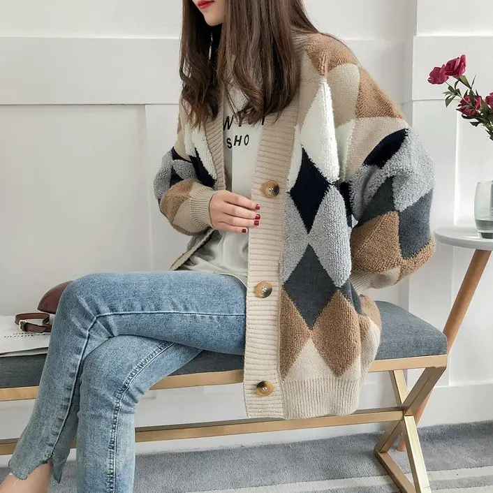 

Autumn Winter Cardigan Sweater Retro Plaid Fluff Puff Sleeve V-Neck Sweater Knitted Warm Jacket Loose Harajuku Streetwear Women