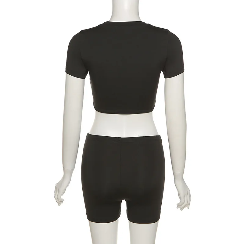 

Casual Sporty Female Outfits Solid Two Pieces Sets Women O-Neck Unique Design Extended Edition Tank Top+Biker Shorts Set