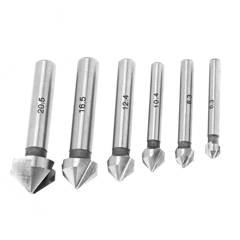 Round Shank 6Pcs/Set 3 Flute Three Edge Chamfer Chamfering End Mill Cutter Countersink Drill Bit |