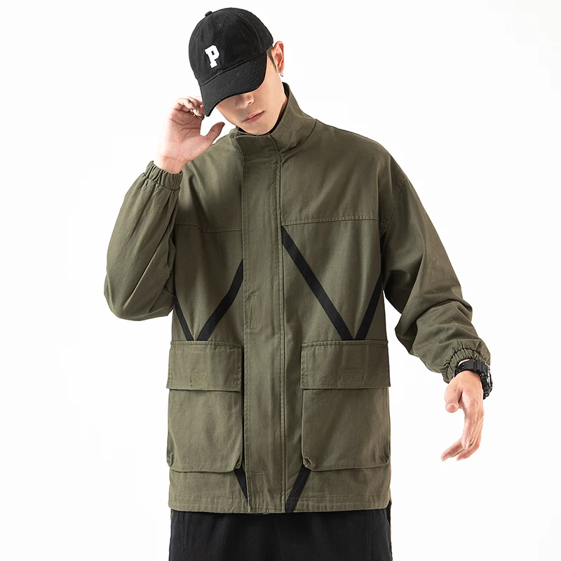 Куртка мужская армейского зеленого цвета уличная одежда с лацканами верхняя