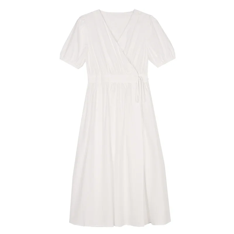 

TG French V-neck dress women's 2021 summer new style cross tie waist loose dress 13775