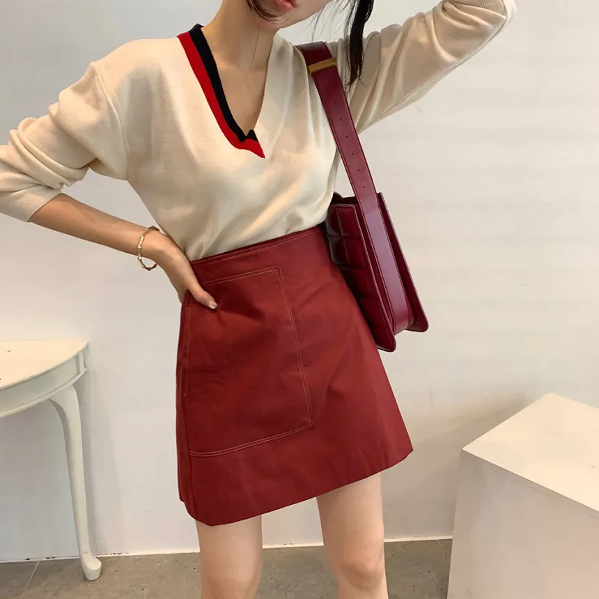 

HziriP 2021 New Autumn Winter Bottoming Sweater Elegant OL Pullover Stitching Color V-neck Long Sleeve Loose Knitted Sweaters