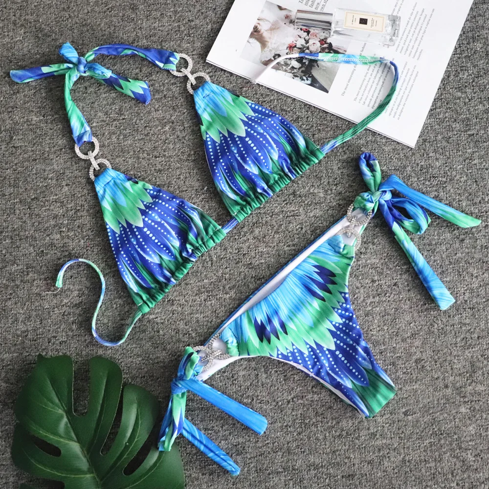 

ZQLZ Low Waist Sexy Printed Bikini Seaside Two Pieces Brazilian Bandage Beachwear Split Halter Push Up Swimwear Bathing Suits