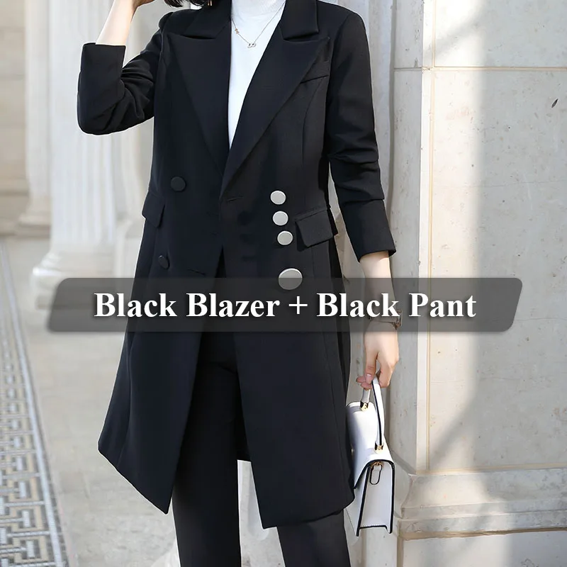Black pant suit Lenshin длинный пиджак и брюки; костюм в уличном стиле; двубортный комплект из двух предметов с брюками - Цвет: Black pant suit